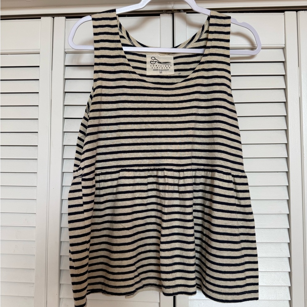Striped Sleeveless Hemp & Jersey Cotton Tank Top - Navy & Cream